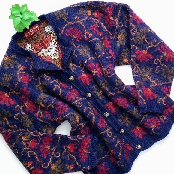 Vintage Pitlochry Scottish Mohair Floral Cardigan Size Large Navy Blue Buttons - Picture 1 of 10